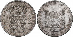 Charles III (1759-1788)
8 Reales. 1769. LIMA. J.M. 26,72 grs. Columnario. Dos coronas reales sobre columnas. Variante con segundo monograma sin punto...