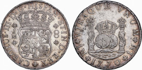 Charles III (1759-1788)
8 Reales. 1770. LIMA. J.M. 27 grs. Columnario. Ligera pátina dorada. EBC-/MBC+. / Pillar dollar. Light gilded patina. Almost ...