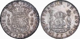Charles III (1759-1788)
8 Reales. 1771. LIMA. J.M. 26,84 grs. Columnario. Variante con segundo monograma sin punto. Pátina irregular. Bella. EBC+. / ...