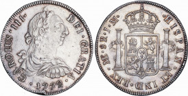 Charles III (1759-1788)
8 Reales. 1772. LIMA. J.M. 26,54 grs. Primer año con busto. Pequeño golpecito en gráfila a las 6:30h. Ligera pátina. EBC/EBC+...