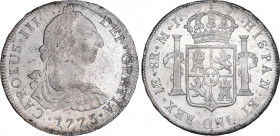 Charles III (1759-1788)
8 Reales. 1773. LIMA. M.J. Encapsulada por NGC UNC DETAILS, OBV CORROSION (nº 5781053-045). 27,05 grs. Acuñación algo floja e...