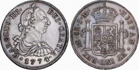 Charles III (1759-1788)
8 Reales. 1774. LIMA. J.M. 27,11 grs. Ligera pátina oscura. Muy rara y más así. EBC/EBC+. / Light dark patina. Very rare and ...