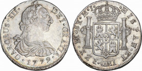 Charles III (1759-1788)
8 Reales. 1779. LIMA. M.J. 26,88 grs. Acuñación algo floja en parte. Leve pátina irisada con restos de brillo original. EBC. ...