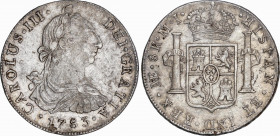 Charles III (1759-1788)
8 Reales. 1783. LIMA. M.I. 26,65 grs. Rayada en reverso y leve hojita saltada en anverso a las 6:30h. EBC-. / Hairlines on re...