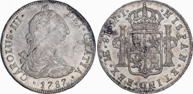 Charles III (1759-1788)
8 Reales. 1787. LIMA. M.I. 26,95 grs. Acuñación algo floja en parte. Leves rayas de ajuste de peso en anverso y manchitas. Re...
