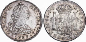 Charles III (1759-1788)
8 Reales. 1787. LIMA. I.J. 26,81 grs. Pequeños golpecitos. Ligera pátina. MBC+. / Minor nicks. Slight patina. Choice very fin...