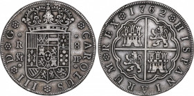 Charles III (1759-1788)
8 Reales. 1762. MADRID. J.P. 26,8 grs. Pátina oscura. EBC-. / Dark patina. Almost extremely fine. AC-1061; Cal-875. Ex Áureo ...