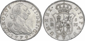 Charles III (1759-1788)
8 Reales. 1774. MADRID. P.J. 26,92 grs. Leves golpecitos y rayitas. Restos de brillo original. EBC. / Minor nicks and hairlin...