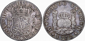 Charles III (1759-1788)
8 Reales. 1762. MÉXICO. M.F. 26,65 grs. Columnario. Rayitas en reverso. Pátina. Muy rara. MBC. / Pillar dollar. Hairlines on ...