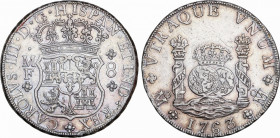 Charles III (1759-1788)
8 Reales. 1763/2. MÉXICO. M.F. 26,9 grs. Columnario. Pequeños golpecitos. Leve pátina dorada. EBC. / Pillar dollar. Slight ni...