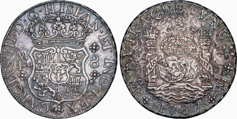 Charles III (1759-1788)
8 Reales. 1767. MÉXICO. M.F. 26,26 grs. Columnario. Oxi...