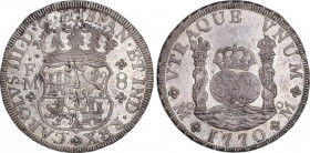 Charles III (1759-1788)
8 Reales. 1770. MÉXICO. F.M. Encapsulada por NGC MS 63 (nº 5781053-051). 26,88 grs. Columnario. Brillo original con una levís...