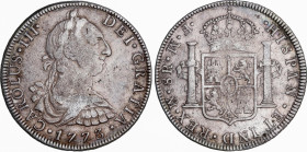 Charles III (1759-1788)
8 Reales. 1773. MÉXICO. F.M. 26,73 grs. Ceca y ensayadores invertidos. Pequeños golpecitos. Pátina. MBC. / Mint mark and assa...