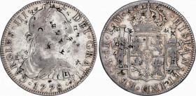 Charles III (1759-1788)
8 Reales. 1778. MÉXICO. F.M. 26,57 grs. Múltiples resellos chinos. Muy rara. MBC-. / Various chinese countermarks. Very rare ...