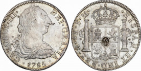 Charles III (1759-1788)
8 Reales. 1785. MÉXICO. F.M. 26,95 grs. Resellos chinos. Brillo original. EBC+/EBC. / Chinese countermarks. Mint luster. Choi...