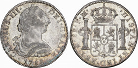 Charles III (1759-1788)
8 Reales. 1786. MÉXICO. F.M. 26,89 grs. Acuñación algo floja en parte. Sobrefecha visible no identificable. Ligera pátina iri...