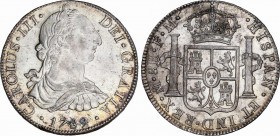 Charles III (1759-1788)
8 Reales. 1789. MÉXICO. F.M. 27 grs. Leves roturas de cuño. Leves golpecitos. Pleno brillo original con leve pátina irisada. ...