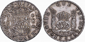 Charles III (1759-1788)
8 Reales. 1768. POTOSÍ. J.R. 26,94 grs. Columnario. Pátina oscura ligeramente irisada. EBC. / Pillar dollar. Dark patina slig...