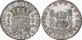 Charles III (1759-1788)
8 Reales. 1769. POTOSÍ. J.R. 26,74 grs. Columnario. 9 curvo. Ligero tono mate. EBC. / Pillar dollar. Curved 9. Light matte to...
