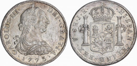 Charles III (1759-1788)
8 Reales. 1773. POTOSÍ. J.R. 27 grs. Primer año con busto. Brillo original. EBC+/EBC. / First year with bust. Mint luster. Ch...