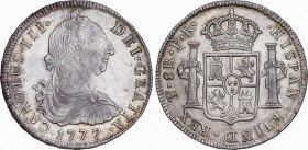 Charles III (1759-1788)
8 Reales. 1777. POTOSÍ. P.R. 26,88 grs. Variante sin punto después de REX en leyenda del reverso, ¿Inédita? Acuñación algo fl...