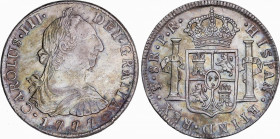 Charles III (1759-1788)
8 Reales. 1777. POTOSÍ. P.R. 26,86 grs. Doble pátina irisada. EBC-. / Double iridescent patina. Almost extremely fine. AC-117...
