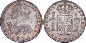 Charles III (1759-1788)
8 Reales. 1778. POTOSÍ. P.R. 26,89 grs. Pequeño sobrante de metal en parte inferior del 78 de la fecha. Bonita pátina dorada....