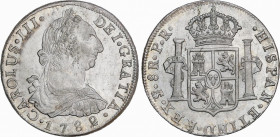 Charles III (1759-1788)
8 Reales. 1782. POTOSÍ. P.R. 26,75 grs. Brillo original. SC-/SC. / Mint luster. Almost uncirculated/uncirculated. AC-1182; Ca...
