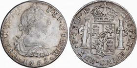 Charles III (1759-1788)
8 Reales. 1783/2. POTOSÍ. P.R. 26,84 grs. Raya en forma de X en reverso a las 10h. Ligera pátina. MBC. / Scratch in X shape o...