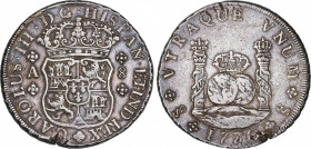 Charles III (1759-1788)
8 Reales. 1770/69. SANTIAGO. A. Encapsulada por NGC XF 45 (nº 6142117-001). 26,93 grs. Columnario. Leve grieta a las 7h. Páti...
