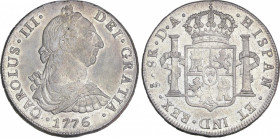 Charles III (1759-1788)
8 Reales. 1776/5. SANTIAGO. D.A. 26,92 grs. Acuñación parcialmente floja. Restos de brillo original. Rarísima. MBC+. / Softly...