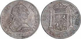 Charles III (1759-1788)
8 Reales. 1781. SANTIAGO. D.A. 26,54 grs. Pátina oscura. Rarísima. MBC. / Dark patina. Extremely rare and very fine. AC-1215;...