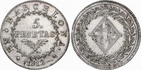 Napoleonic Catalonia (1808-1814)
5 Pesetas. 1812. BARCELONA. 26,83 grs. Brillo original. EBC. / Mint luster. Extremely fine. AC-51; Cal-20. Adq. Carl...