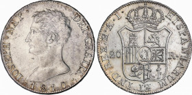Joseph Napoleon (1808-1813)
20 Reales. 1810. MADRID. A.I. 26,85 grs. Águila del centro del escudo pequeña. Ligeramente limpiada. Restos de brillo ori...