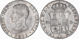 Joseph Napoleon (1808-1813)
20 Reales. 1811. MADRID. A.I. 26,87 grs. Águila pequeña. Brillo original. SC-. / Small eagle. Mint luster. Almost uncircu...