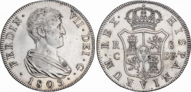 Ferdinand VII (1808-1833)
8 Reales. 1809. CATALUNYA (REUS). S.F. 26,87 grs. Restos de brillo original. Escasa. EBC. / Luster traces. Scarce and extre...