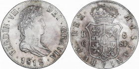 Ferdinand VII (1808-1833)
8 Reales. 1812. CATALUNYA (MALLORCA). S.F. 26,76 grs. Busto laureado. Rayitas. Restos de brillo original. Rara. EBC. / Laur...