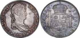 Ferdinand VII (1808-1833)
8 Reales. 1824. CUZCO. T. Encapsulada por NGC AU 55+ (nº 5781053-067). 26,59 grs. Bonita pátina. Restos de brillo original ...
