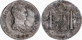 Ferdinand VII (1808-1833)
8 Reales. 1820. DURANGO. C.G. 26,03 grs. Cospel con zonas de plata mal batida. Pátina grisácea. Rara en esta calidad. EBC-....
