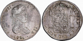Ferdinand VII (1808-1833)
8 Reales. 1821. DURANGO. C.G. 26,29 grs. Primer busto. Pátina. MBC+. / First bust. Patina. Choice very fine. AC-1199; Cal-4...