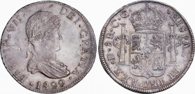 Ferdinand VII (1808-1833)
8 Reales. 1822. DURANGO. C.G. 26,77 grs. Segundo busto. Raya en anverso y rayitas. Pátina. EBC-. / Second bust. Scratches a...