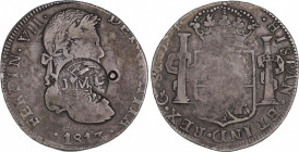 Ferdinand VII (1808-1833)
8 Reales. 1813. GUANAJUATO. J.J. Encapsulada por NGC F 12 (nº 5781053-020). 26,60 grs. Resello circular: JML/PG, encima ban...