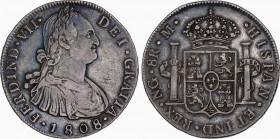 Ferdinand VII (1808-1833)
8 Reales. 1808. GUATEMALA. M. 26,08 grs. Busto de Carlos IV. Pátina oscura. Rayitas. MBC+. / Bust of Charles IV. Dark patin...