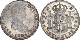 Ferdinand VII (1808-1833)
8 Reales. 1821. GUATEMALA. M. 26,89 grs. Pleno brillo original. Parece PROOF. Levísimas rayitas. SC. / Full mint luster. Pr...