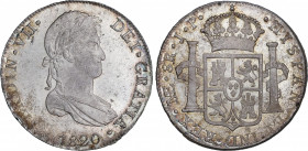 Ferdinand VII (1808-1833)
8 Reales. 1820. LIMA. J.P. 26,42 grs. Pátina y brillo original subyacente. Bella moneda. SC. / Patina and underlying mint l...
