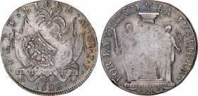 Ferdinand VII (1808-1833)
8 Reales. 1824. LIMA. 27,04 grs. Resello corona real y 1824 sobre 8 Reales tipo PERÚ LIBRE 1823 Lima J.P. KM-130. Pátina. M...
