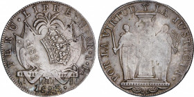 Ferdinand VII (1808-1833)
8 Reales. 1824. LIMA. 27,38 grs. Resello corona real y 1824 sobre 8 Reales tipo PERÚ LIBRE 1822 Lima-J.P. KM-130. Pátina. M...