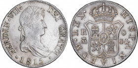 Ferdinand VII (1808-1833)
8 Reales. 1815. MADRID. G.J. 26,78 grs. Variante sin punto después de DEI en la leyenda del anverso. Rara. EBC. / Variety w...