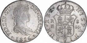 Ferdinand VII (1808-1833)
8 Reales. 1816. MADRID. G.J. 27,25 grs. HISPANIARUM en leyenda del reverso. Brillo original. Leves rayitas en reverso. Bell...