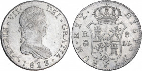 Ferdinand VII (1808-1833)
8 Reales. 1823/14. MADRID. AJ/IJ. 26,96 grs. Variante corrección de fecha y de ensayador. Brillo original. Rara. EBC. / Var...